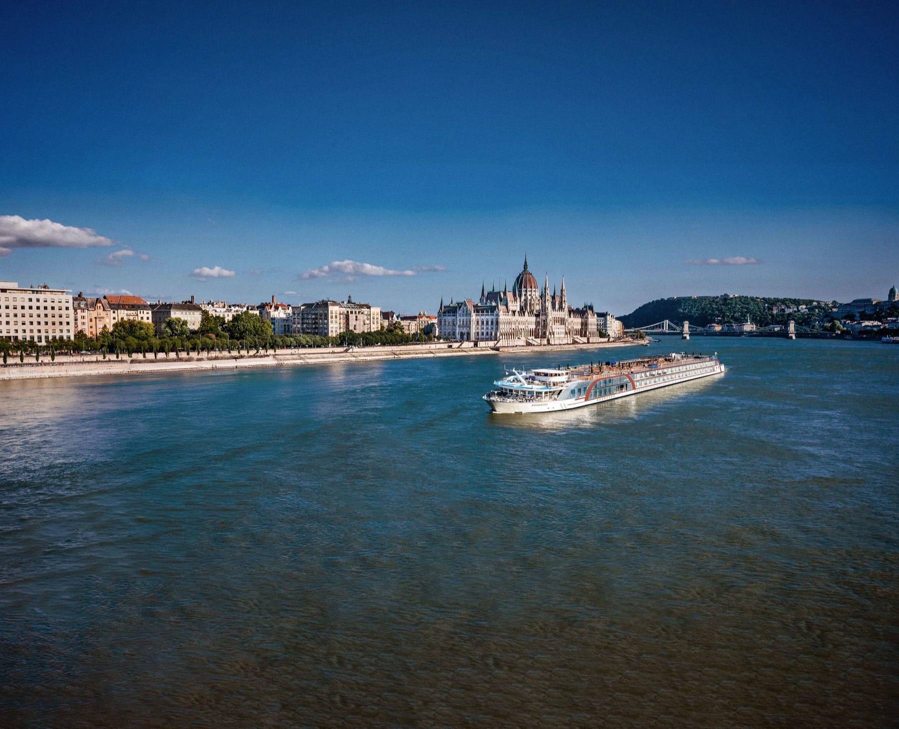 AmaMagna on the Danube at Budapest at dusk, by the Hungarian Parliament.