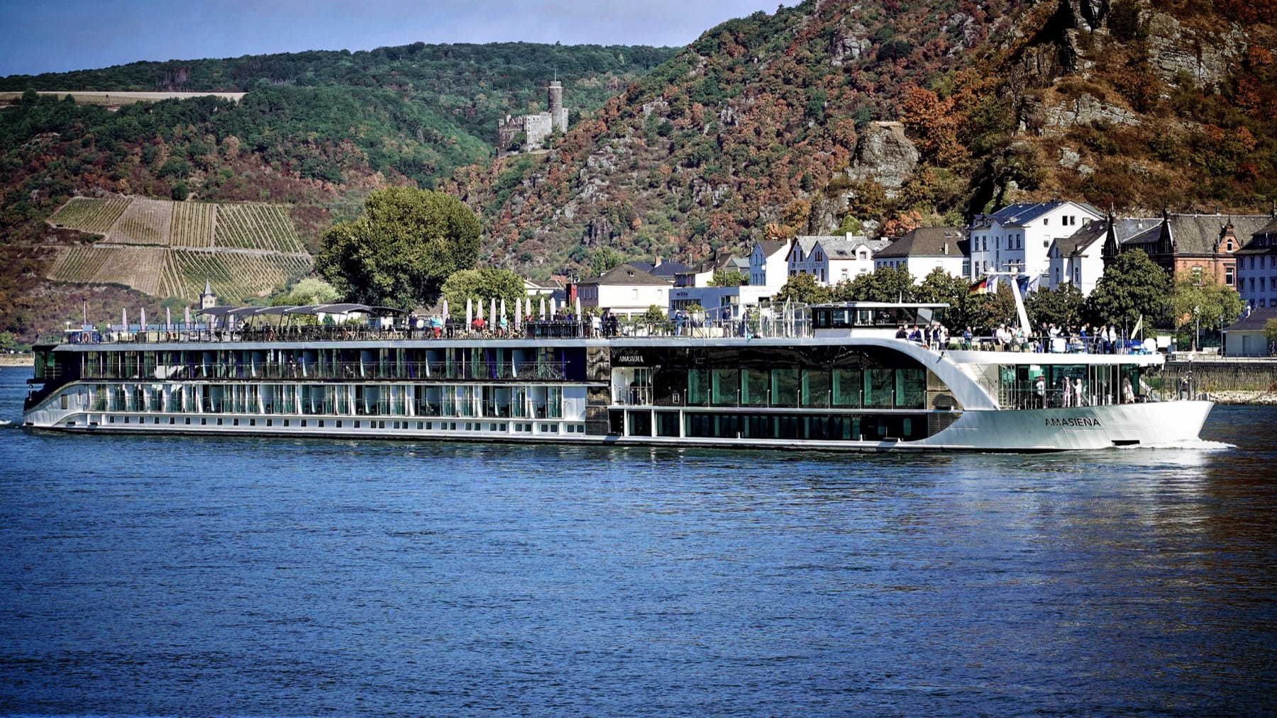 AmaSiena on the Rhineland with a castle on the bank — the Middle Rhine UNESCO stretch.
