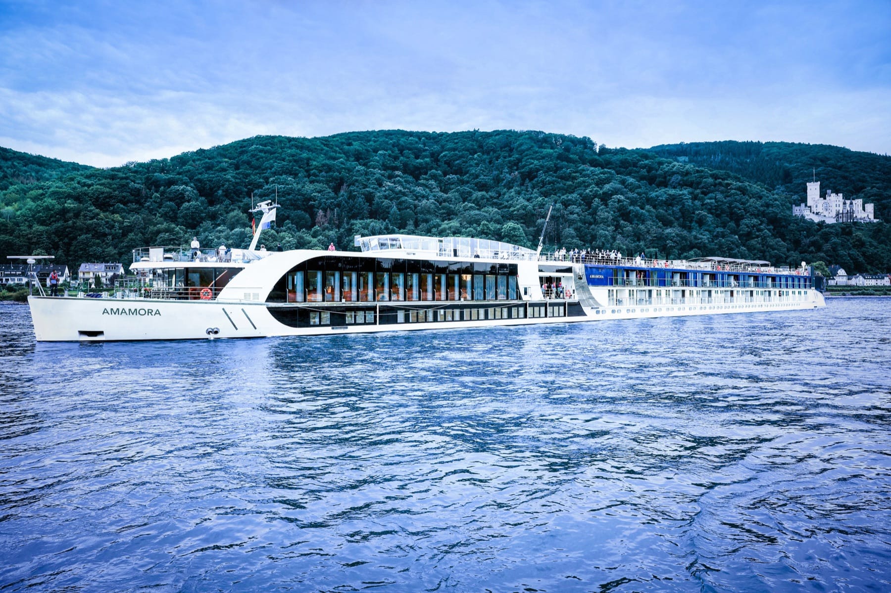 AmaMora on the Rhine — the European twin-balcony class on Erik's school-years river.