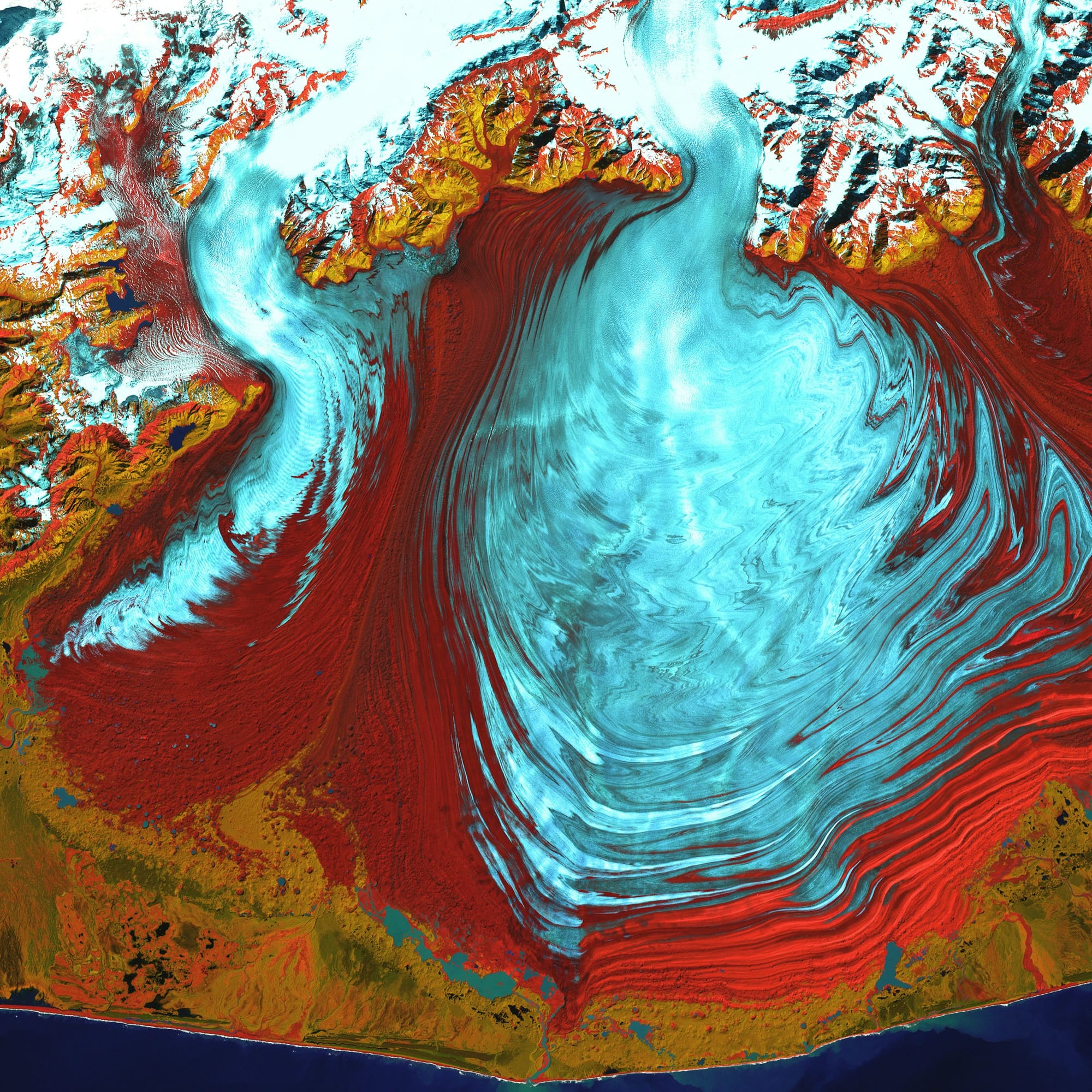 Aerial of the Malaspina Glacier, Alaska — the kind of coastline only small ships reach.