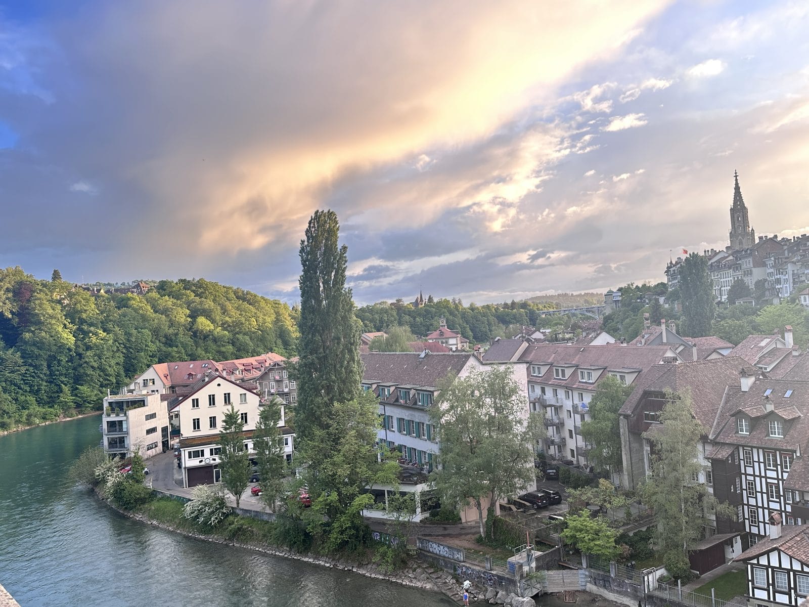 Bern's old town and the Aare river at golden hour.