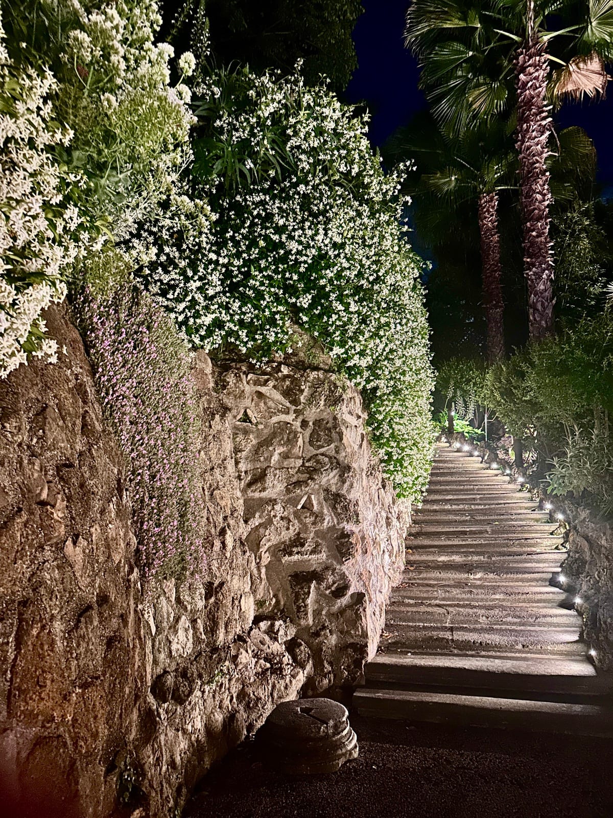 White honeysuckle spilling over a stone wall along a lantern-lit garden path at the Hotel de Russie in Rome, after dark.