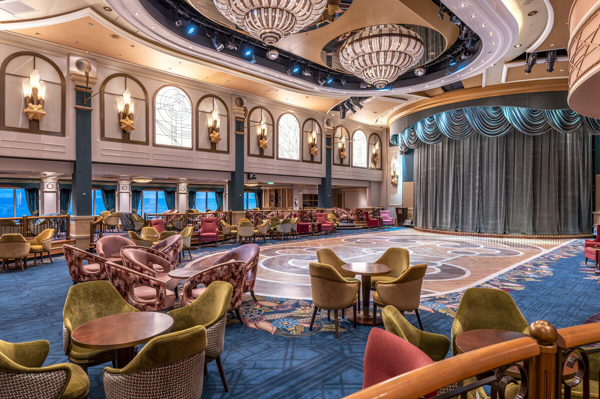 Queen Elizabeth's Queens Room — the double-height ballroom at the centre of a Cunard evening.