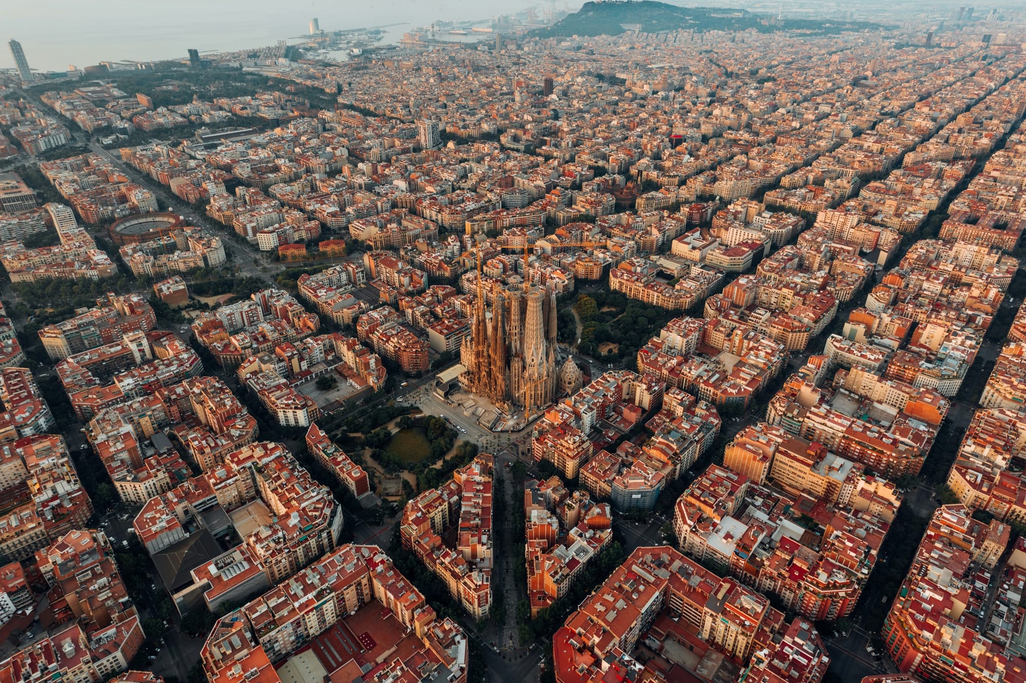 Barcelona rooftops with Sagrada Familia silhouette, Spain