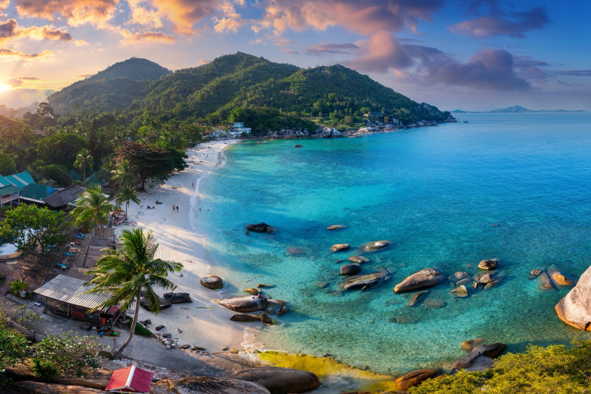 Silver Beach on Koh Samui at sunset, with calm water and palm-lined sand, Thailand