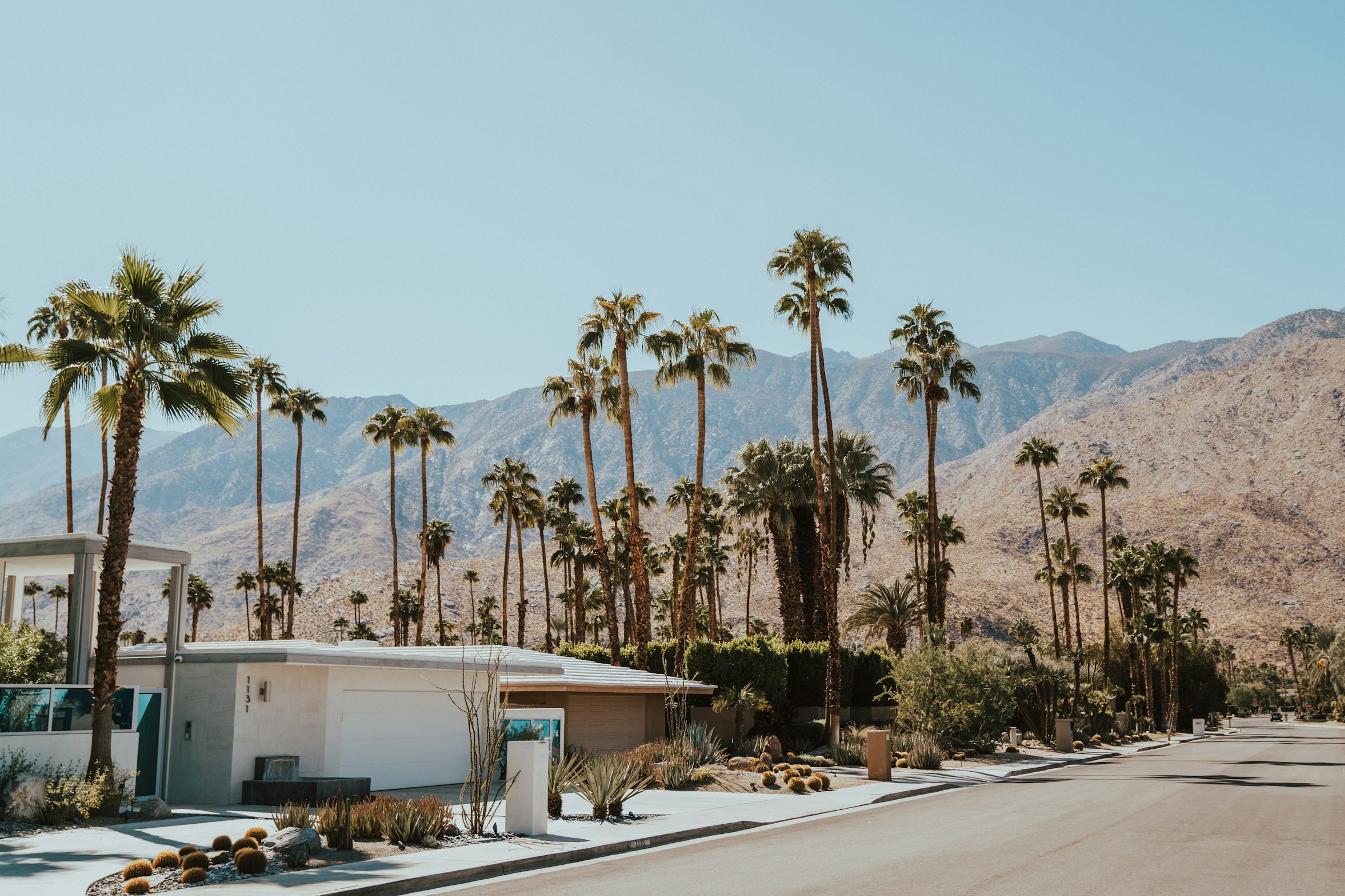 Mid-century modern architecture framed by palm trees under desert mountains in Palm Springs, California