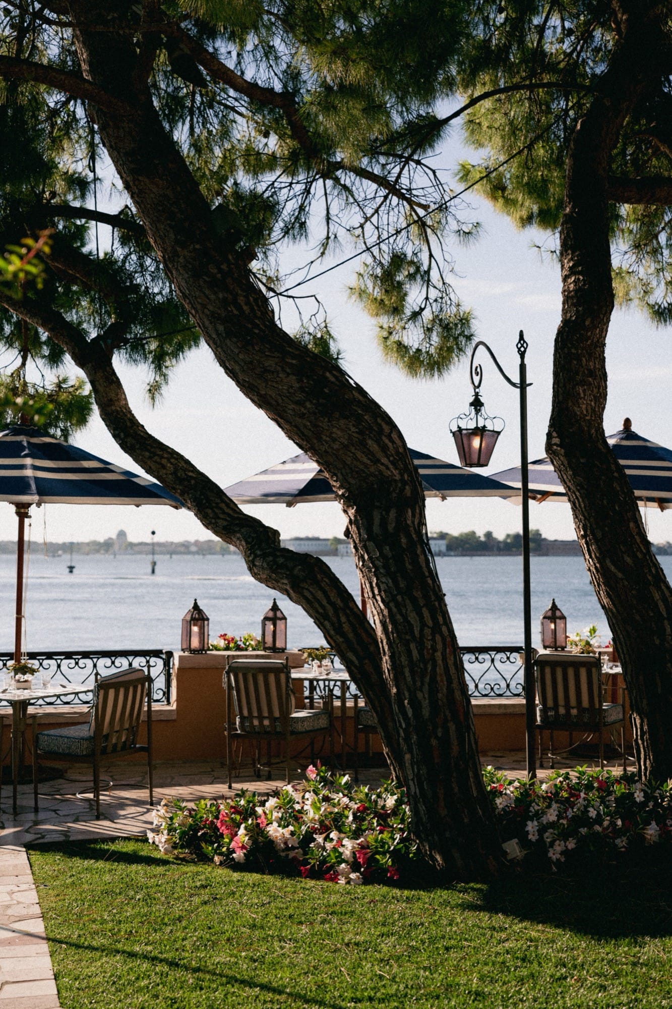 An aerial of Hotel Cipriani — the Giudecca tip, the pool, the gardens, the lagoon beyond.