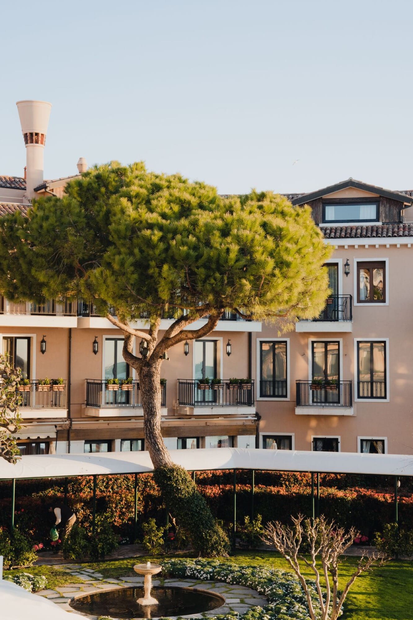 An evening view from Hotel Cipriani's terrace — the lagoon shimmering, the city across the water.