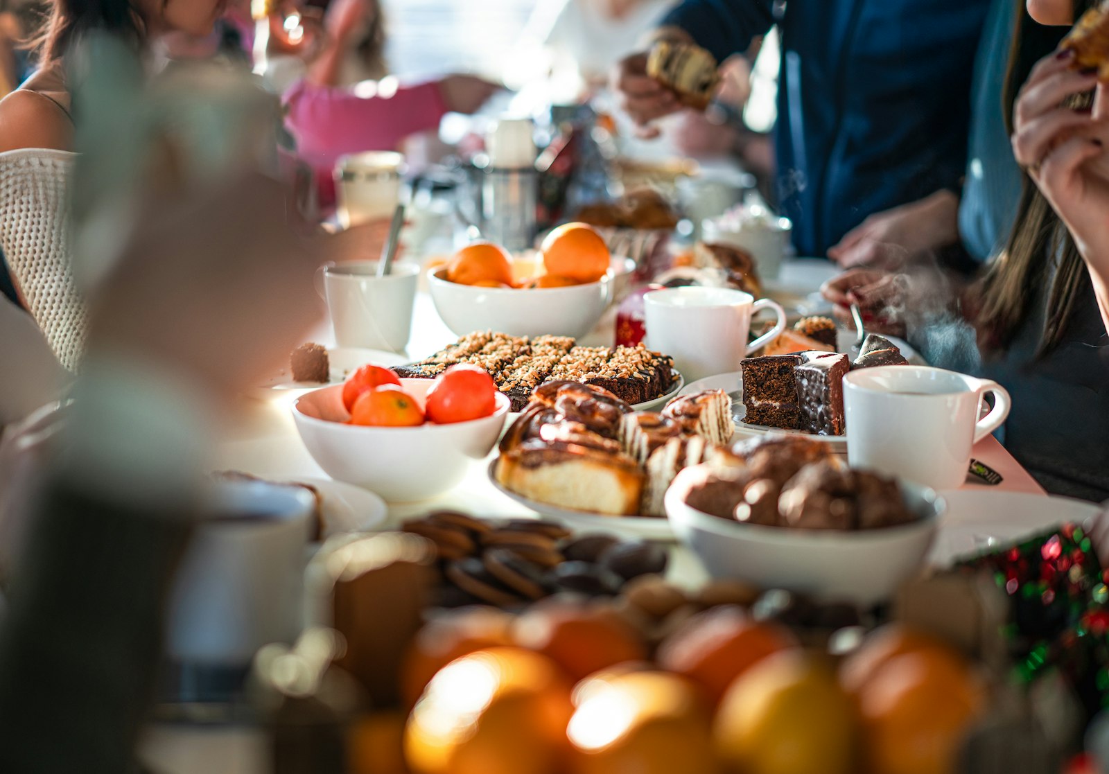 A long table set for a group celebration trip
