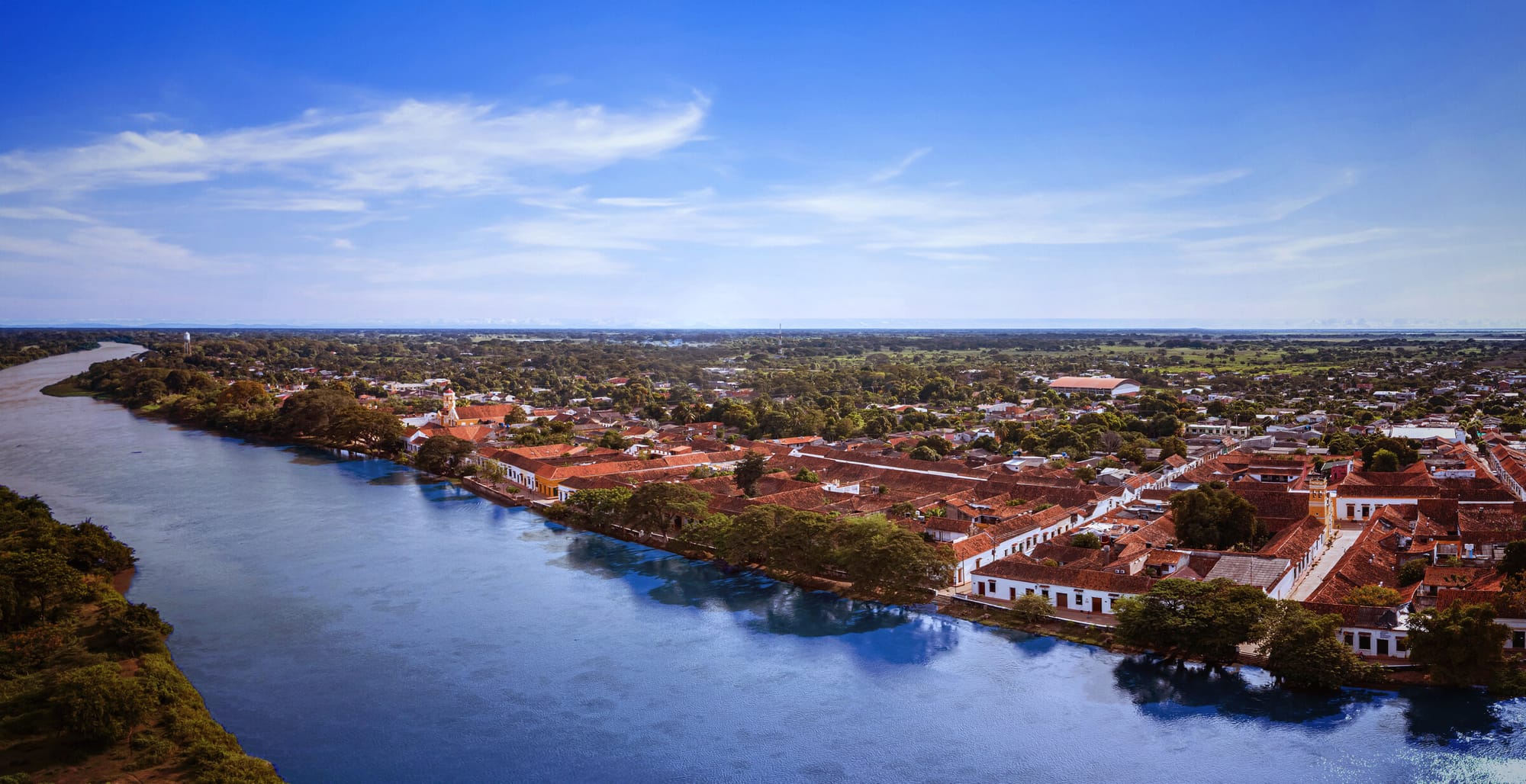 Aerial view of Mompox, Colombia along the Magdalena River.