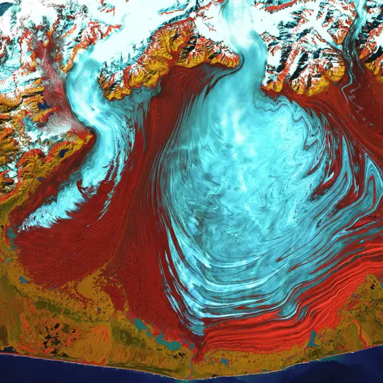 Aerial of the Malaspina Glacier, Alaska — the kind of coastline only small ships reach.