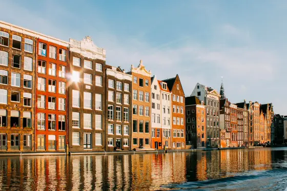 A tree-lined canal reflecting tall gabled townhouses in central Amsterdam