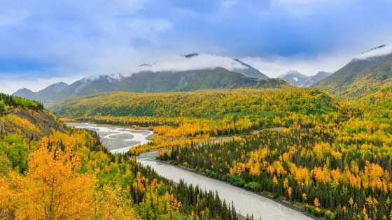 The city of Anchorage spread out beneath snow-dusted mountains in southcentral Alaska