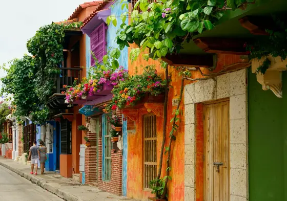 Colorful colonial balconies and walled-city streets in Cartagena, Colombia