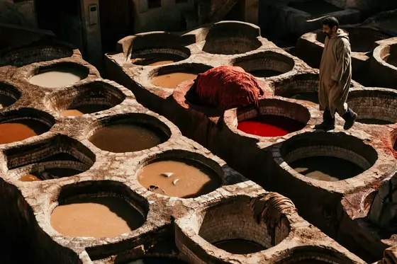 The Chouara tanneries of Fez — round stone dye vats in ochre and red, seen from above.