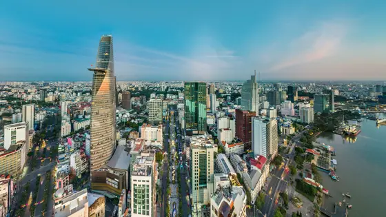 The Bitexco Financial Tower rising above the District 1 skyline of Ho Chi Minh City (Saigon), Vietnam