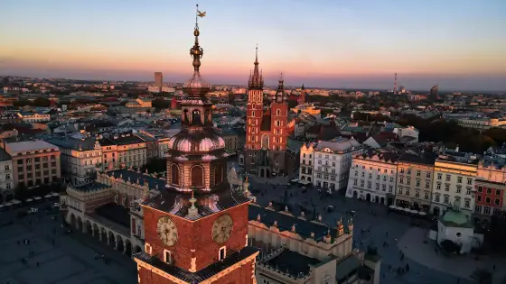 The medieval market square and cloth hall in the old town of Krakow, Poland