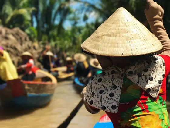 Vietnamese rowers in conical hats steering sampans through a palm-lined canal in the Mekong Delta, Vietnam