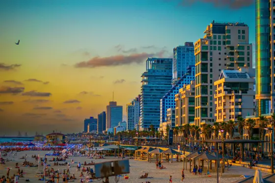 Modern high-rises along the Mediterranean beachfront of Tel Aviv