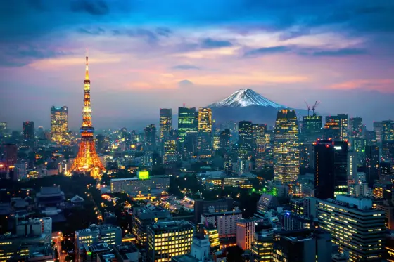 The neon-lit skyline of Tokyo at dusk