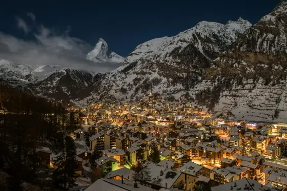 The pyramid peak of the Matterhorn above the alpine village of Zermatt, Switzerland