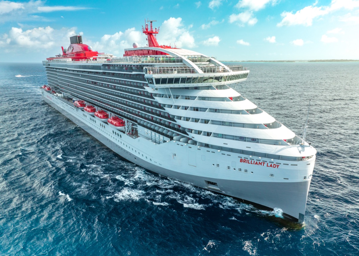 Virgin Voyages Brilliant Lady, the first canal-capable ship in the fleet, at sea.